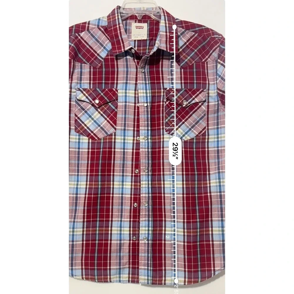 Levi's Strauss Shirt Mens Pearl Snap L Red Blue Plaid Western Cowboy Rodeo‎ SS
